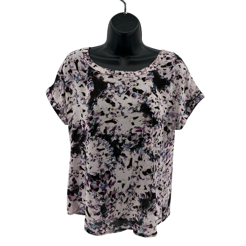 Cynthia Rowley Blouse WMNS XS Purple Black Teal Short Sleeve Crepe Printed Top